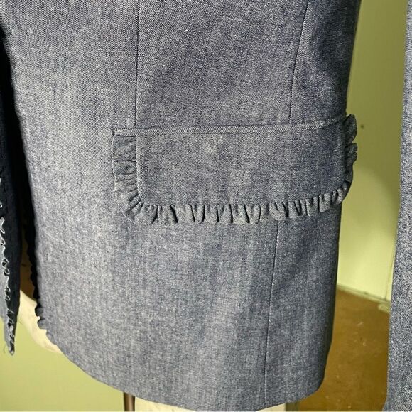 J. Crew Regent Blazer Jacket Chambray Denim Ruffles Academia Career Office Sz 0 - Picture 5 of 15